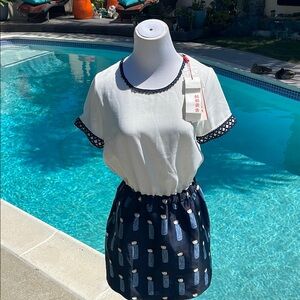 NWT| White and Navy Dress with Asian Print